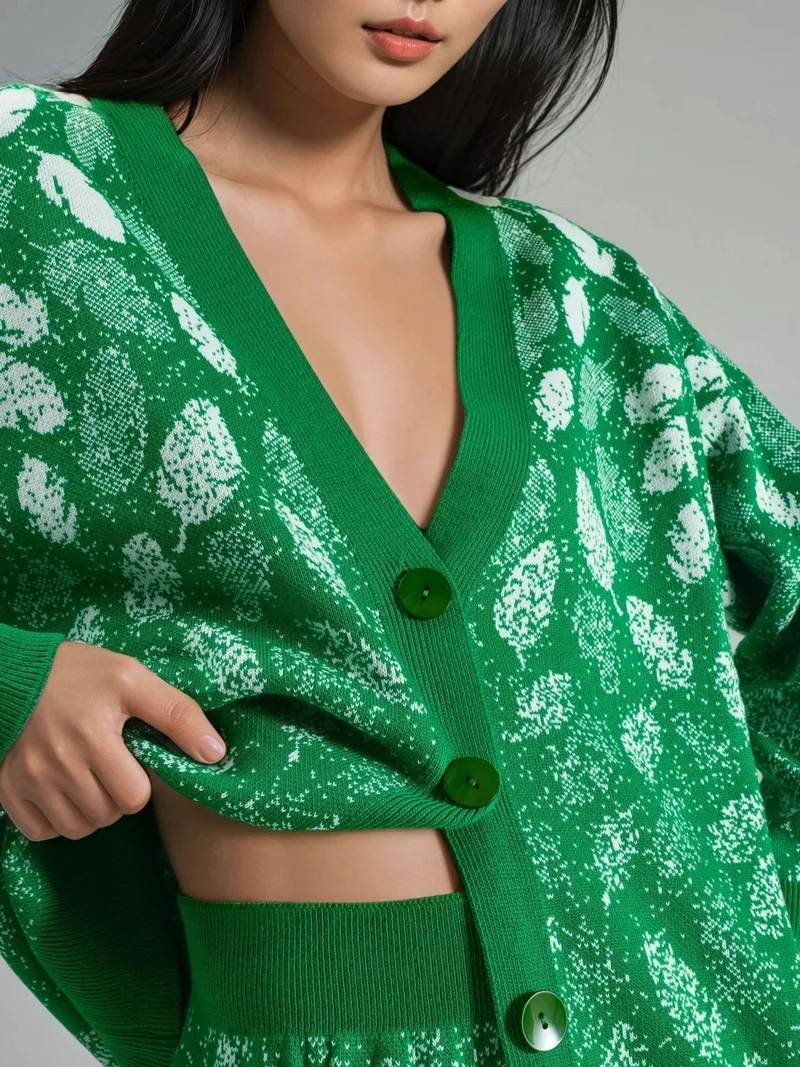 MY FASHION Green MY FASHION V-Neck Jacquard Knit Cardigan and Wide Leg Pants Set for Women | Best Price UAE